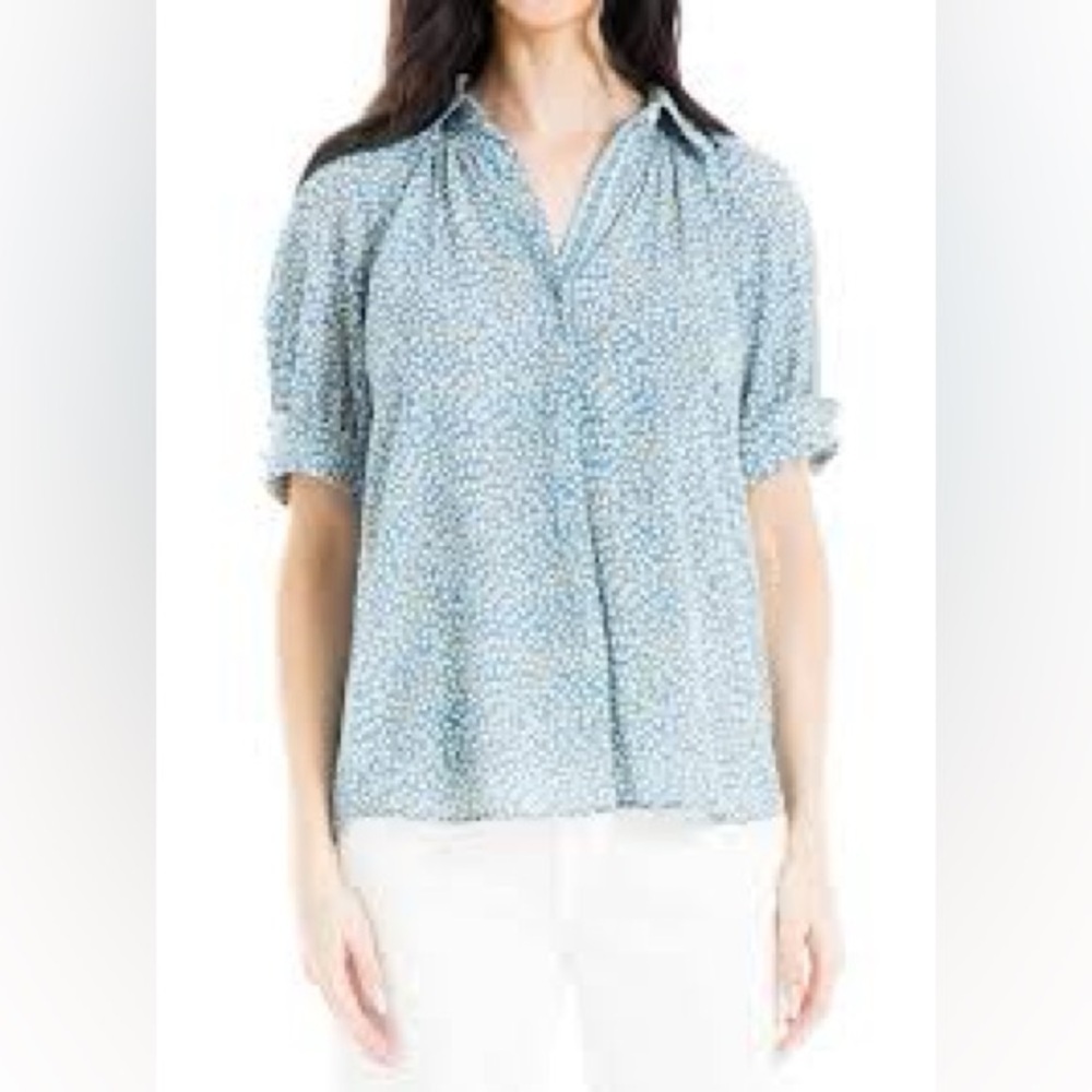 Max Studio Women's 3/4 Sleeve Collared, Blue/Gold Butterfly Bunches Large, NWT